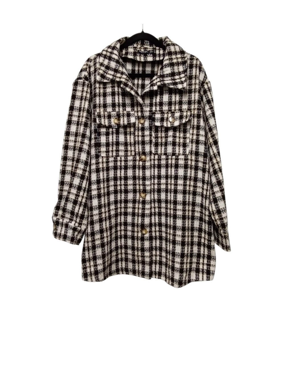 Nasty Gal Plaid Shacket Jacket Black White Beige Button Front Women's Size 16